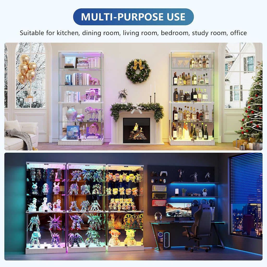 Glass Display Cabinet with RGB Lights - 5-Tiers Curio Cabinet Display Case with Lock, Frameless Tall Showcase Display Shelf for Collectibles & Legos, Living Room Bookcase Storage Cabinet (White)