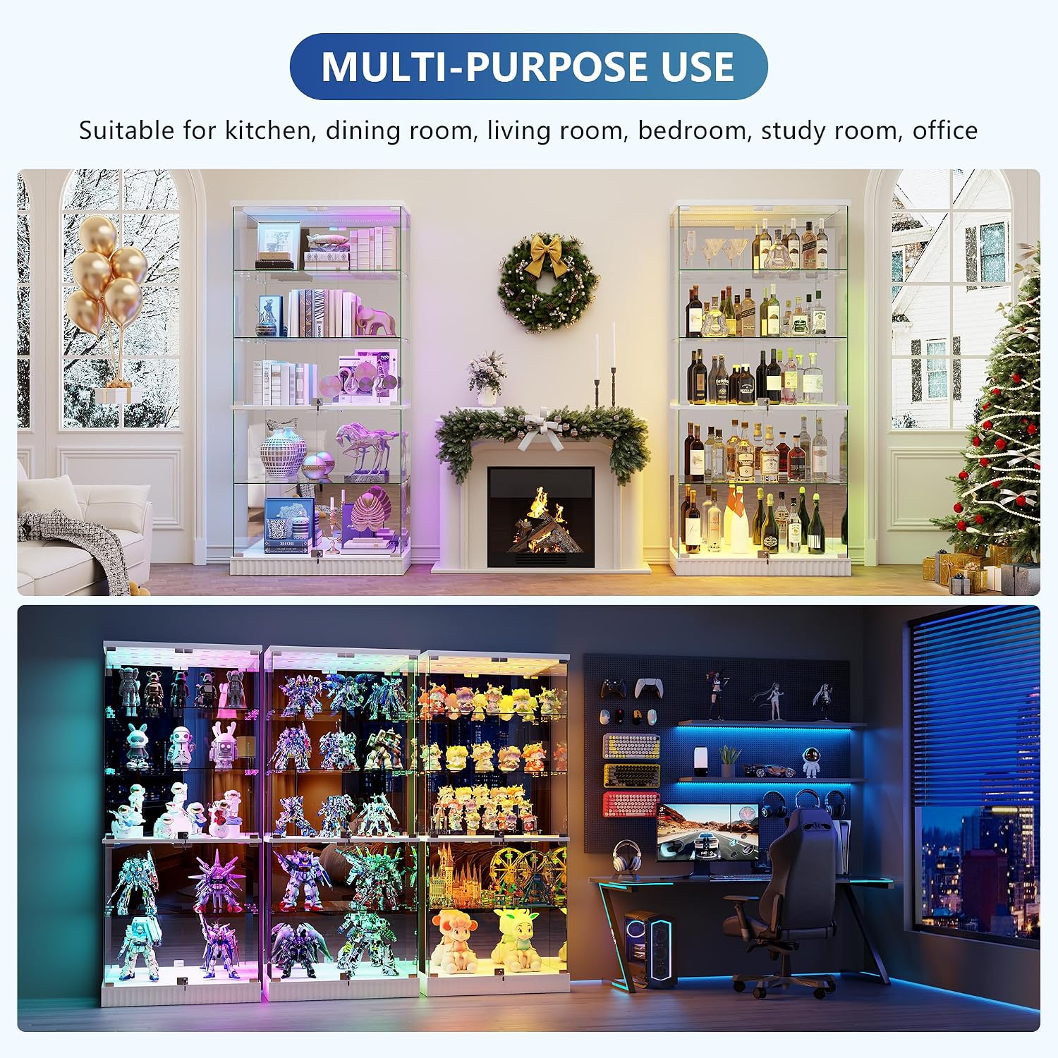 Glass Display Cabinet with RGB Lights - 5-Tiers Curio Cabinet Display Case with Lock, Frameless Tall Showcase Display Shelf for Collectibles & Legos, Living Room Bookcase Storage Cabinet (White)