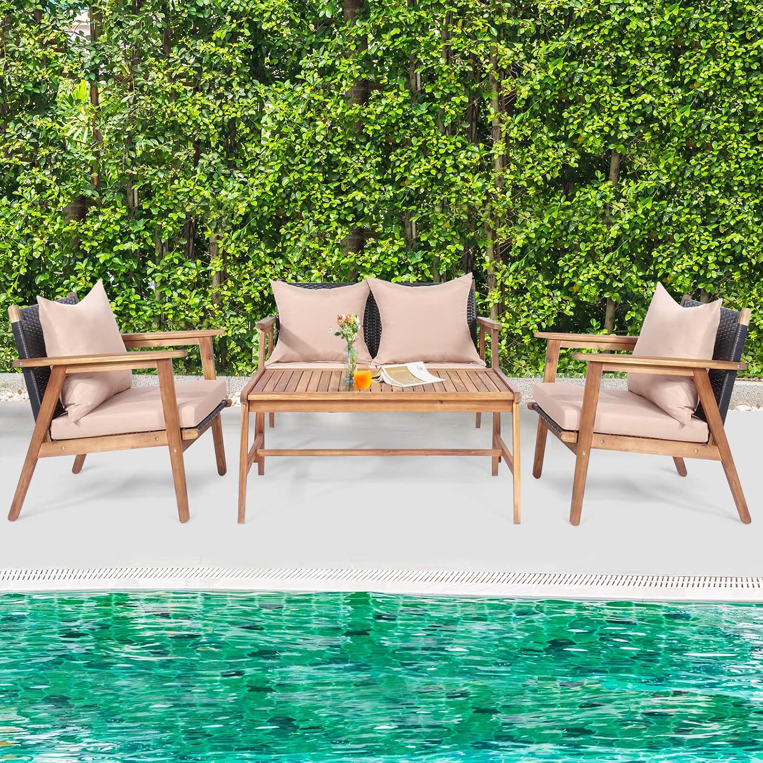 Tangkula 8-Piece Patio Furniture Set, Outdoor Acacia Wood Conversation Set with Cushions and Coffee Table, Outdoor PE Wicker Sectional Sofa Set for Garden, Poolside and Backyard (2, Beige)