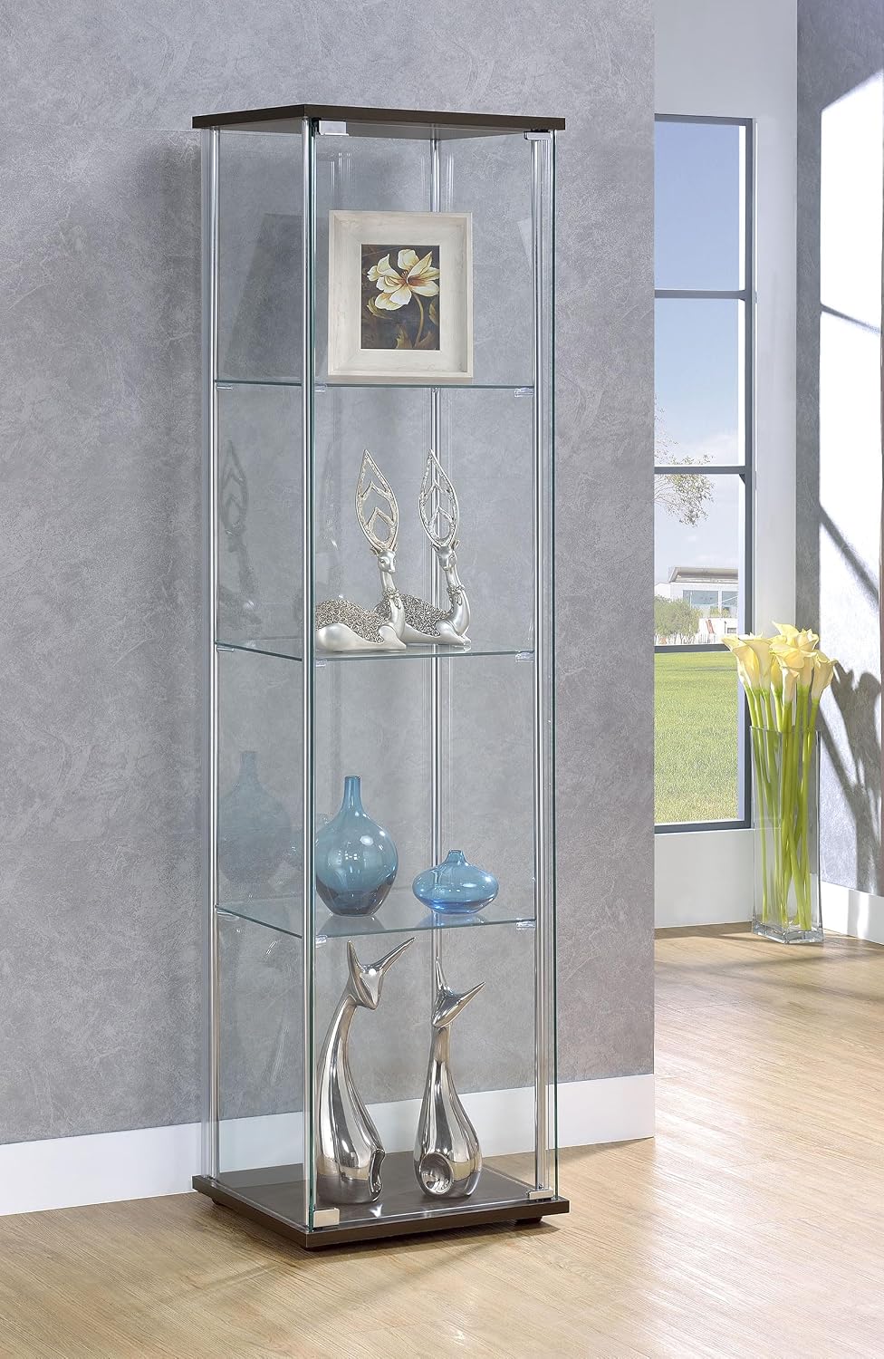 Coaster Home Furnishings - Bellatrix - Glass - 3-Shelf Curio Cabinet with Metal Frame, One Door, and Black Hardware - Living Room - 64-Inch - Cappuccino - 950172