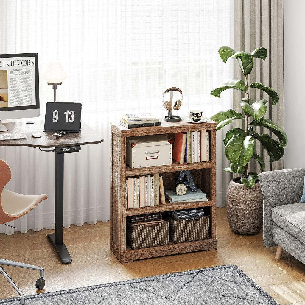 LINSY HOME 3-Tier Bookshelf Display Storage Shelves Farmhouse Bookshelf for Home Office, Living Room, Bed Room - Dark Brown
