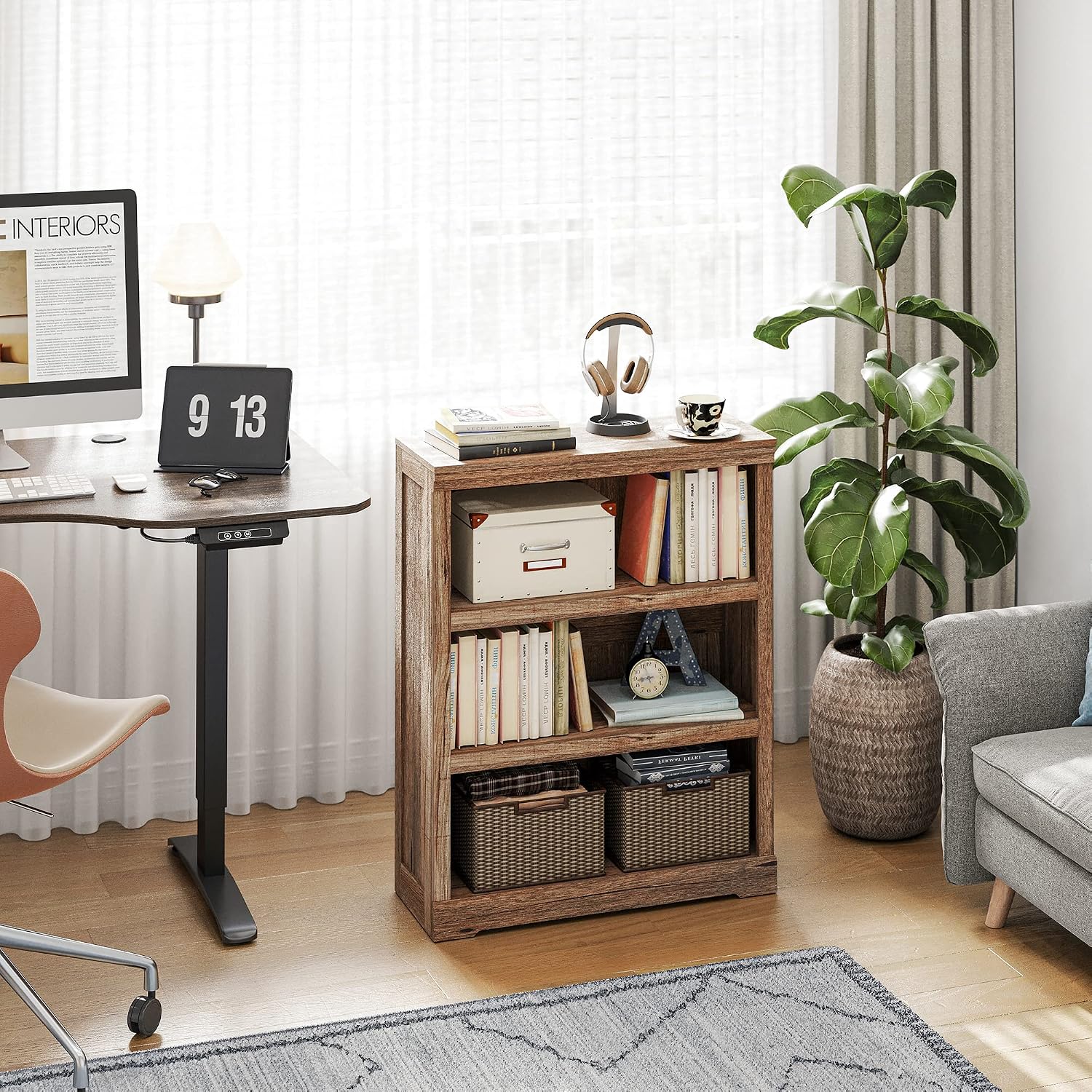 LINSY HOME 3-Tier Bookshelf Display Storage Shelves Farmhouse Bookshelf for Home Office, Living Room, Bed Room - Dark Brown