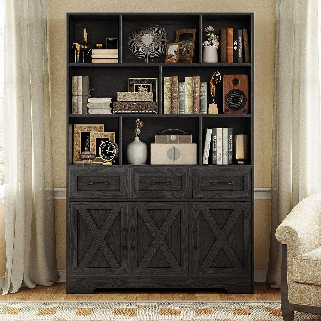 IRONCK Bookshelf with Drawers & Doors, Tall Bookshelf, Bookcase with Cabinets for Home Office, Living Room, Black