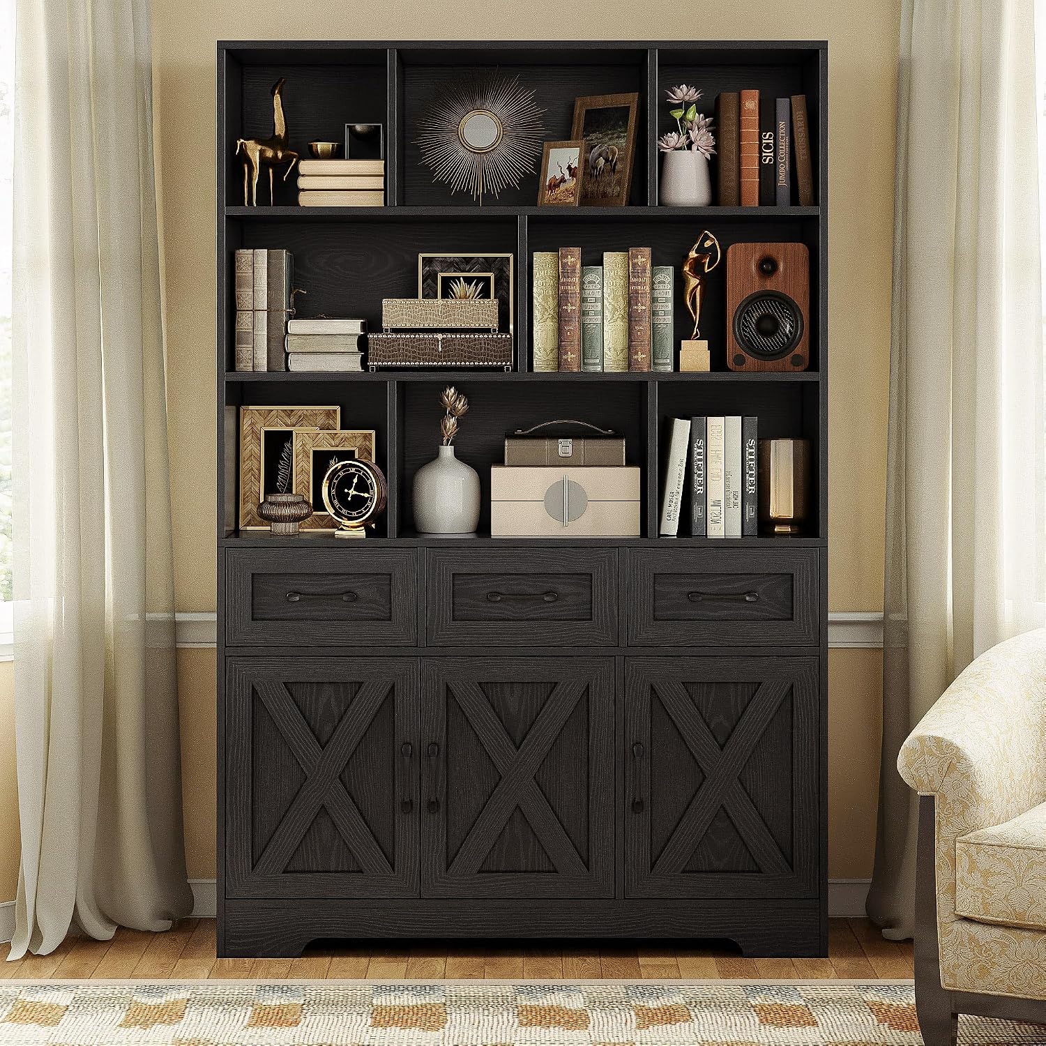 IRONCK Bookshelf with Drawers & Doors, Tall Bookshelf, Bookcase with Cabinets for Home Office, Living Room, Black