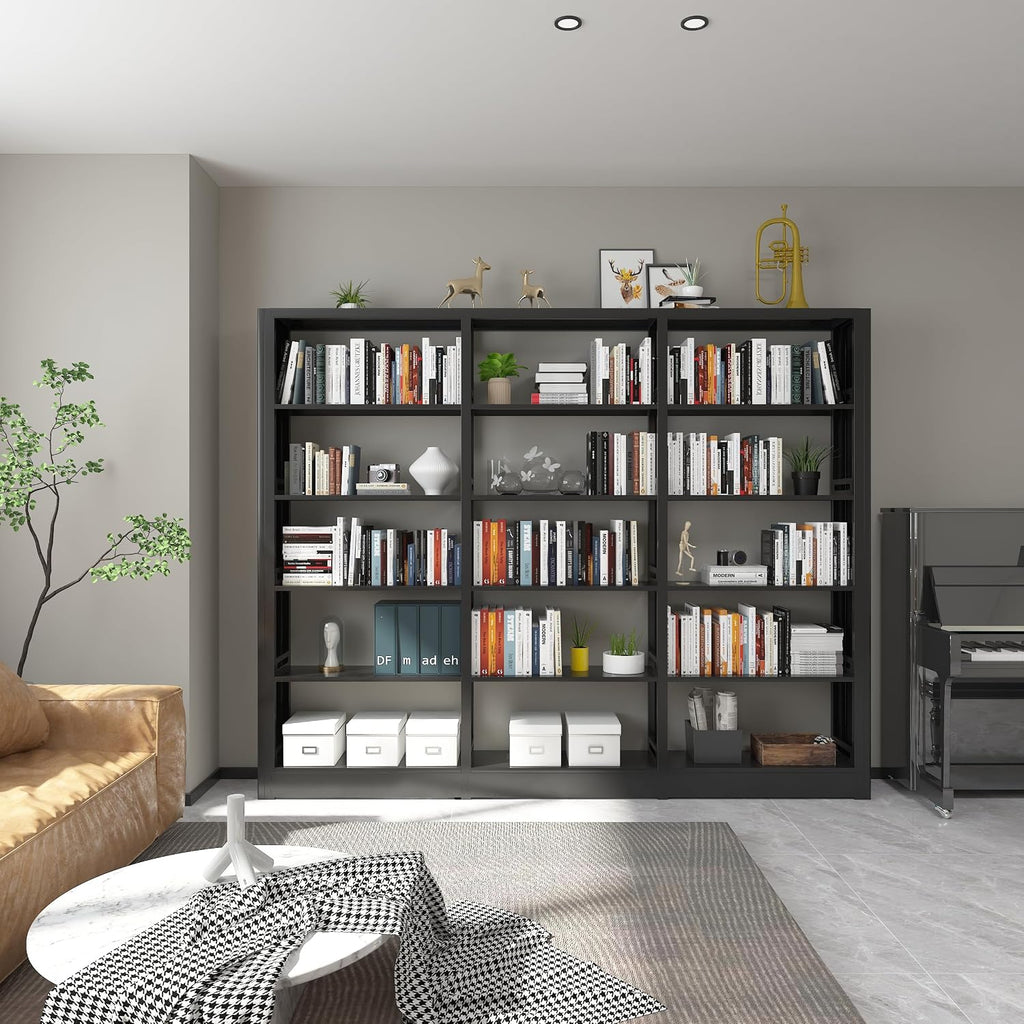 5 Tier Wide Bookshelf, Tall Bookcase with Open Shelves, Metal Black Bookcase Morden Book Shelf for Bedroom,Living Room,Library,Office,Book Shelves
