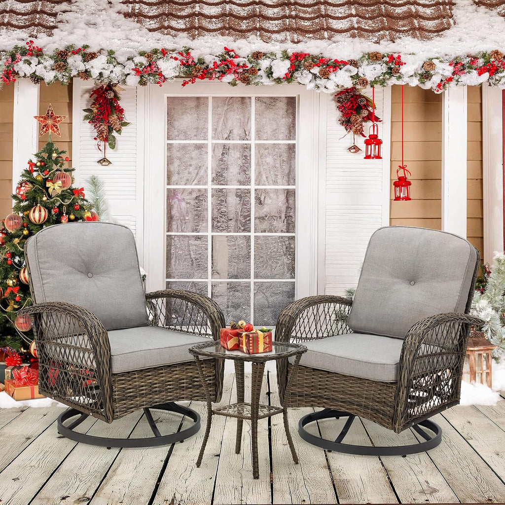 EROMMY 3 Pieces Outdoor Swivel Rocker Patio Chairs, 360 Degree Rocking Patio Conversation Set with Thickened Cushions and Glass Coffee Table for Backyard, Grey