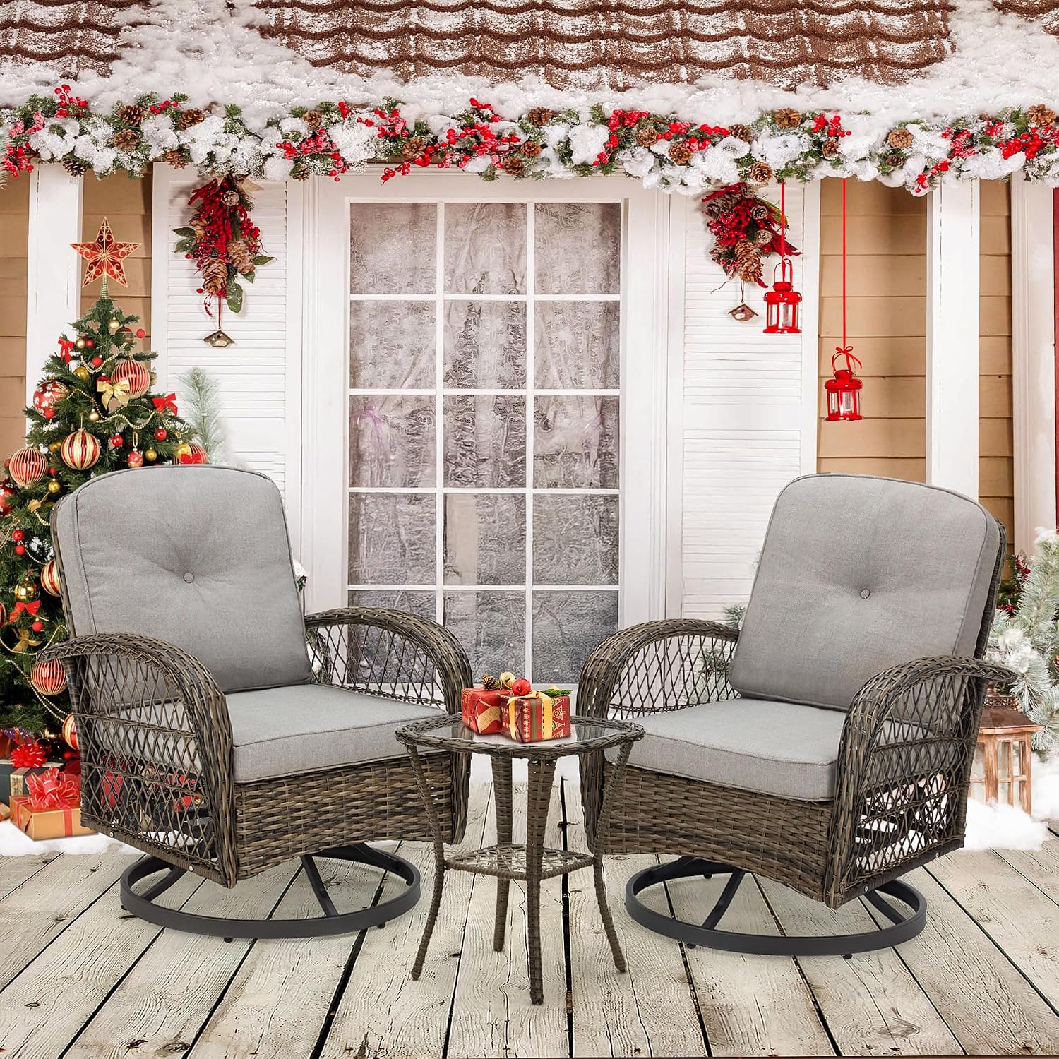 EROMMY 3 Pieces Outdoor Swivel Rocker Patio Chairs, 360 Degree Rocking Patio Conversation Set with Thickened Cushions and Glass Coffee Table for Backyard, Grey