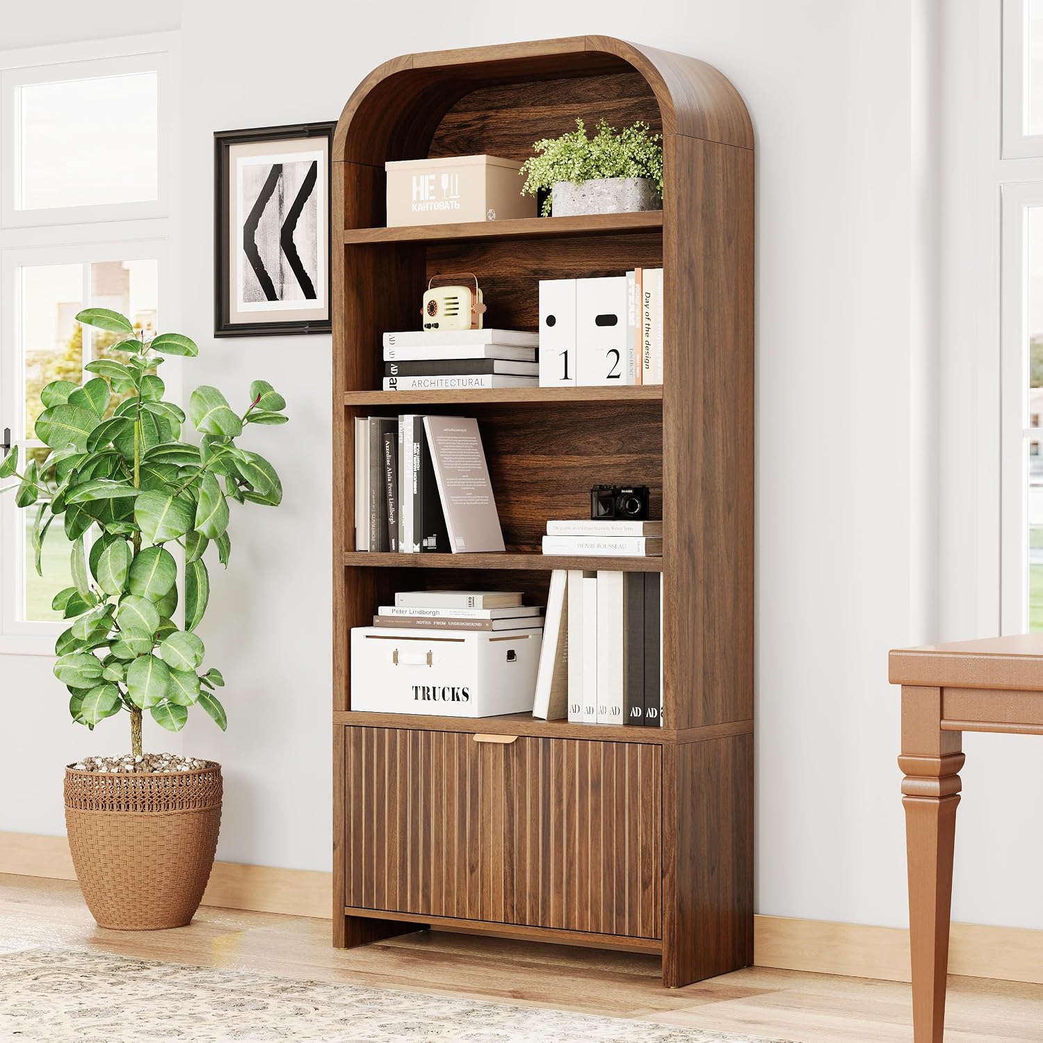 LEVNARY Arched Bookcase with Drawer, 70' Tall 5-Tier Bookshelf with Fluted Carved Drawer, Freestanding Display Storage Cabinet for Living Room Bedroom Home Office (Walnut)