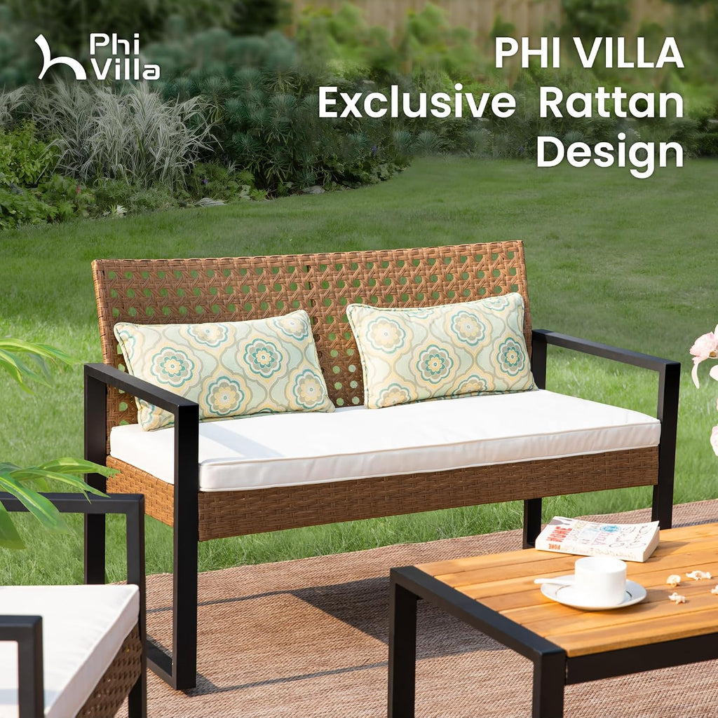 PHI VILLA Patio Wicker Furniture Set for 4, Brown Rattan Loveseat & Chairs with Beige Cushions & Acacia Wood Coffee Table, Outdoor Conversation Sofa Set for Deck, Yard, Porch (Round Hole Back)