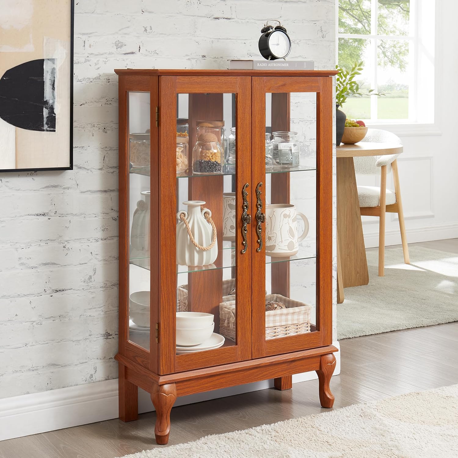 43' H Lighted Glass Curio Display Cabinet, 3-Tier Glass Accent Storage Cabinet Curio Showcase w/Adjustable Shelves,Wine Artwork Storage Rack w/Mirrored Back Panel for Living Room(Dark Oak)