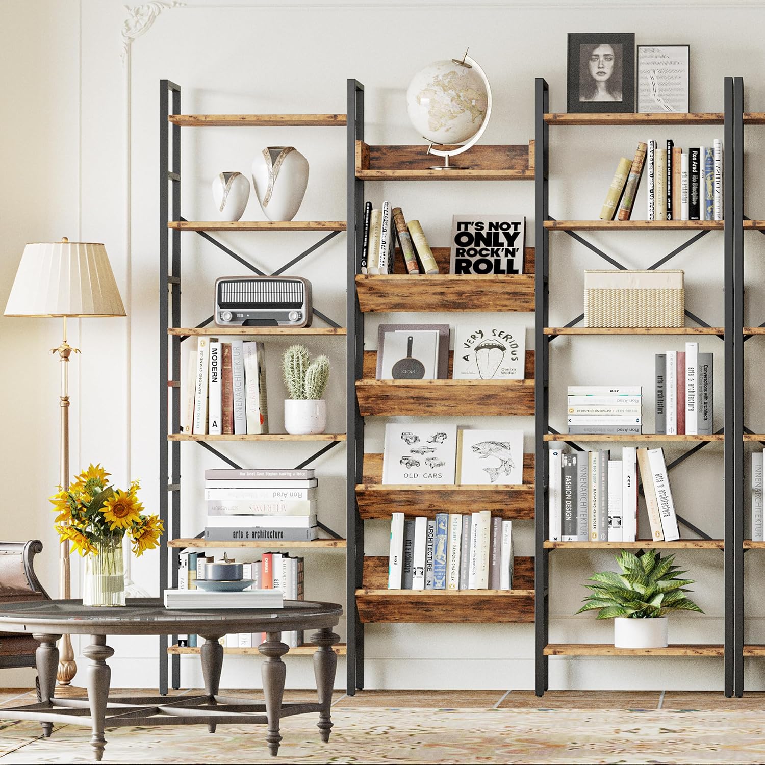 IRONCK Industrial Bookshelves 6 Tiers Triple Wide Bookshelf, Large Etagere Bookshelf Open Record Player Shelves with Metal Frame for Living Room Home Office