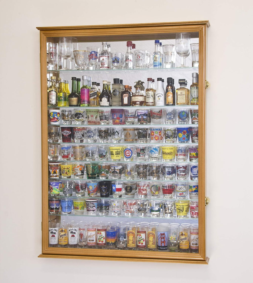 sfDisplay.com,LLC. XL Shot Glass Display Case Rack Holder Cabinet w/Mirror Backed and 11 Glass Shelves -Oak