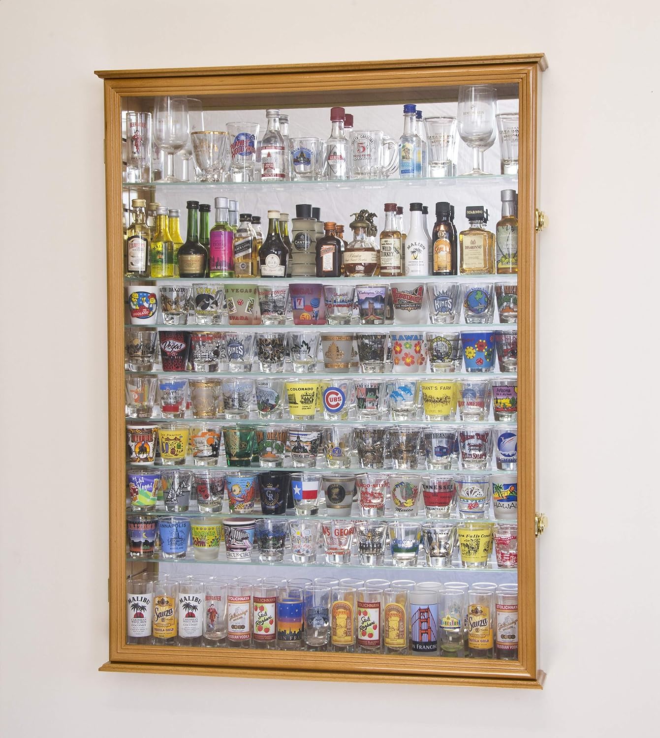 sfDisplay.com,LLC. XL Shot Glass Display Case Rack Holder Cabinet w/Mirror Backed and 11 Glass Shelves -Oak
