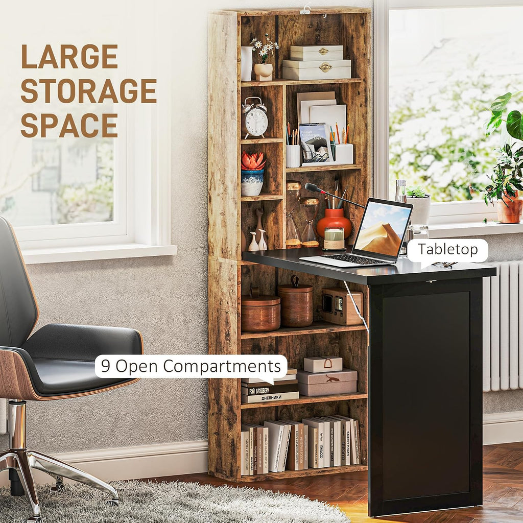 HOMCOM Foldable Convertible Writing Table, Wall Mounted Space-Saving Computer Desk with Chalkboard and Storage Shelves for Small Spaces, Home Office, Bedroom, Dorm, Apartment, Rustic Brown