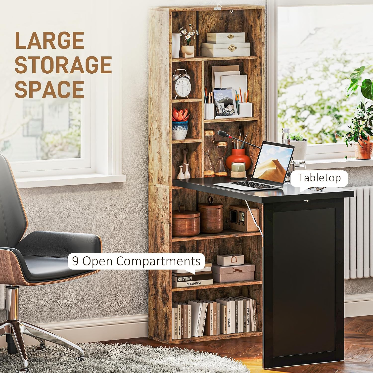 HOMCOM Foldable Convertible Writing Table, Wall Mounted Space-Saving Computer Desk with Chalkboard and Storage Shelves for Small Spaces, Home Office, Bedroom, Dorm, Apartment, Rustic Brown