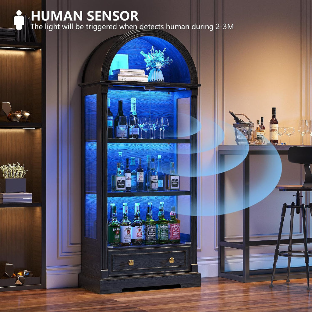 Black Curio Cabinet with Glass Doors, 72' Tall Arched Display Cabinet with Human Sensor Lights, 4-Tier Display Case for Collectibles Bookcase Living Room