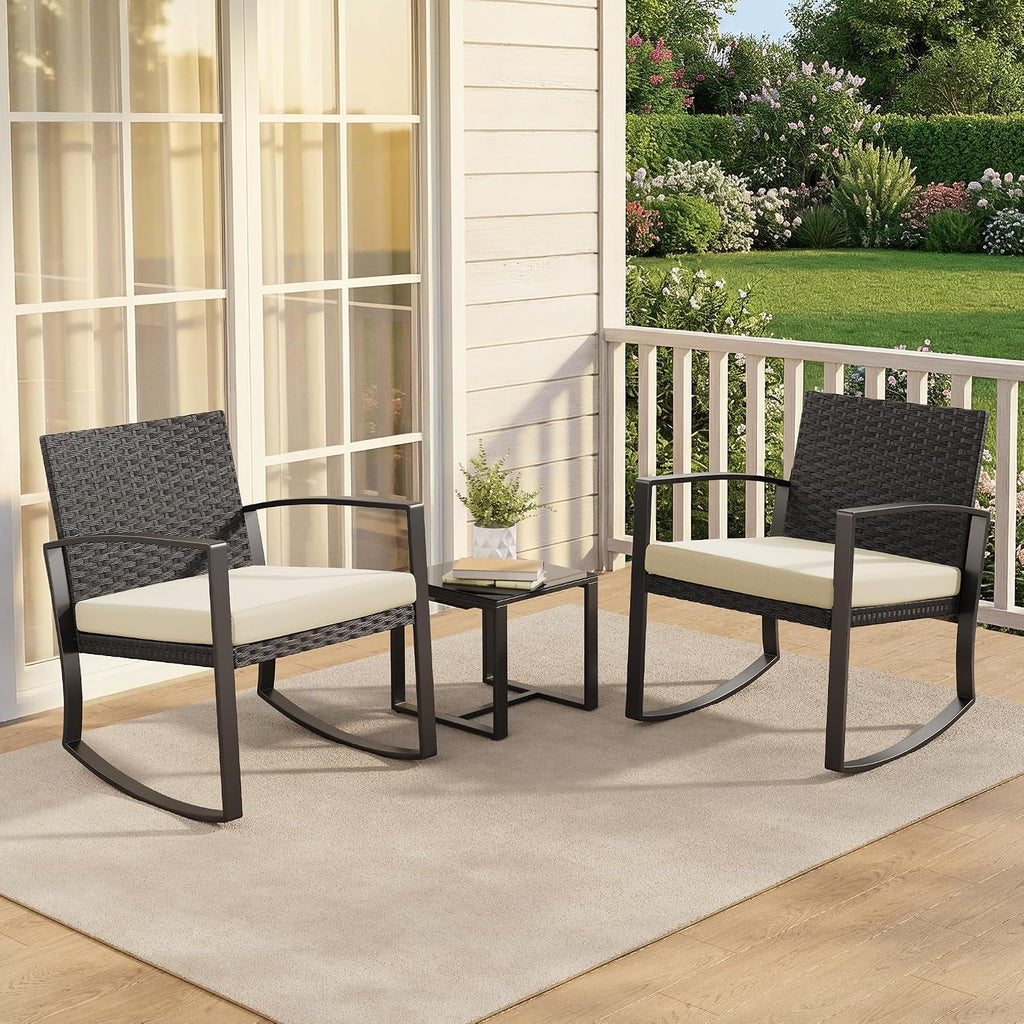 Qsun 3 Pieces Porch Furniture Set Patio Rocking Bistro Set Outdoor Patio Chairs Rattan Conversation Sets with Coffee Table for Front Porch Garden Balcony Backyard Poolside (Beige Cushion)