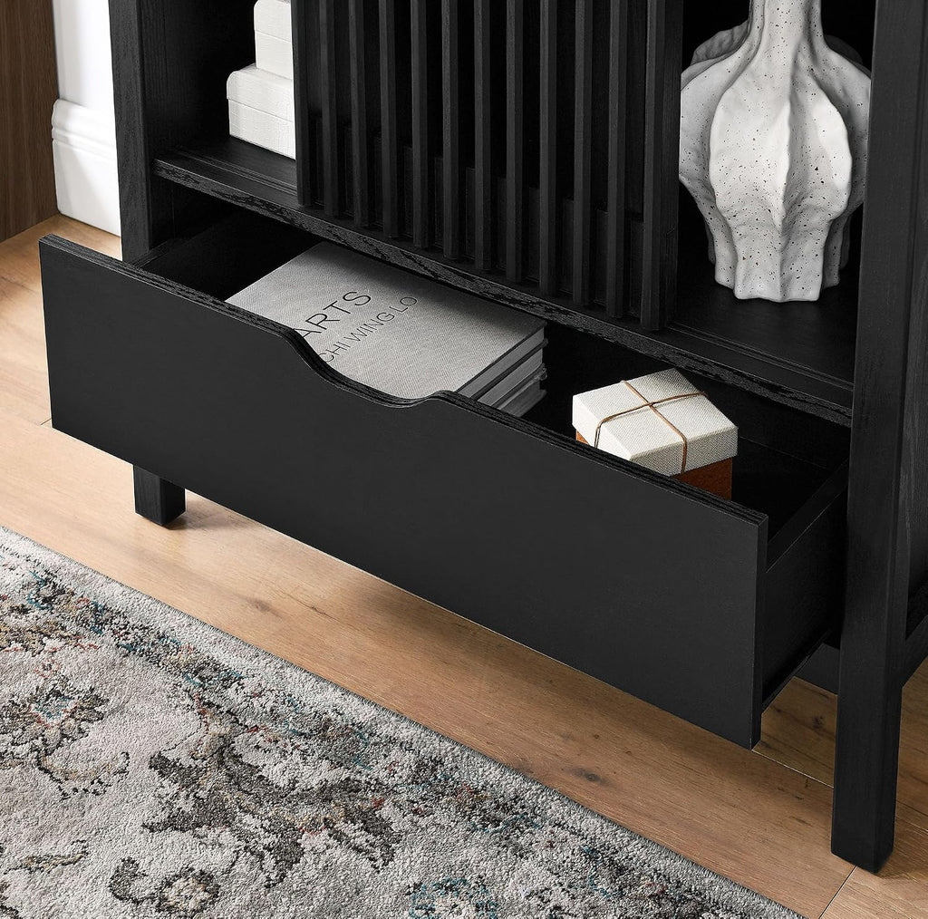 Modway Vaughn 71 Inch Arched Display Cabinet in Black - Modern Arch Bookcase with Drawer and Adjustable Shelves - Tall Storage Cabinet for Living Room, Dining Room, Hallway