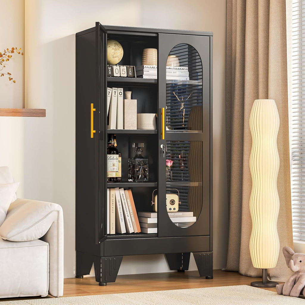 PAOFIN 47' H Locking Display Cabinet with Glass Door, Metal Cabinets with 3 Adjustable Shelves, Cabinet Display Case for Living Room, Collectibles, Clinic, Home - Assembly Required Black