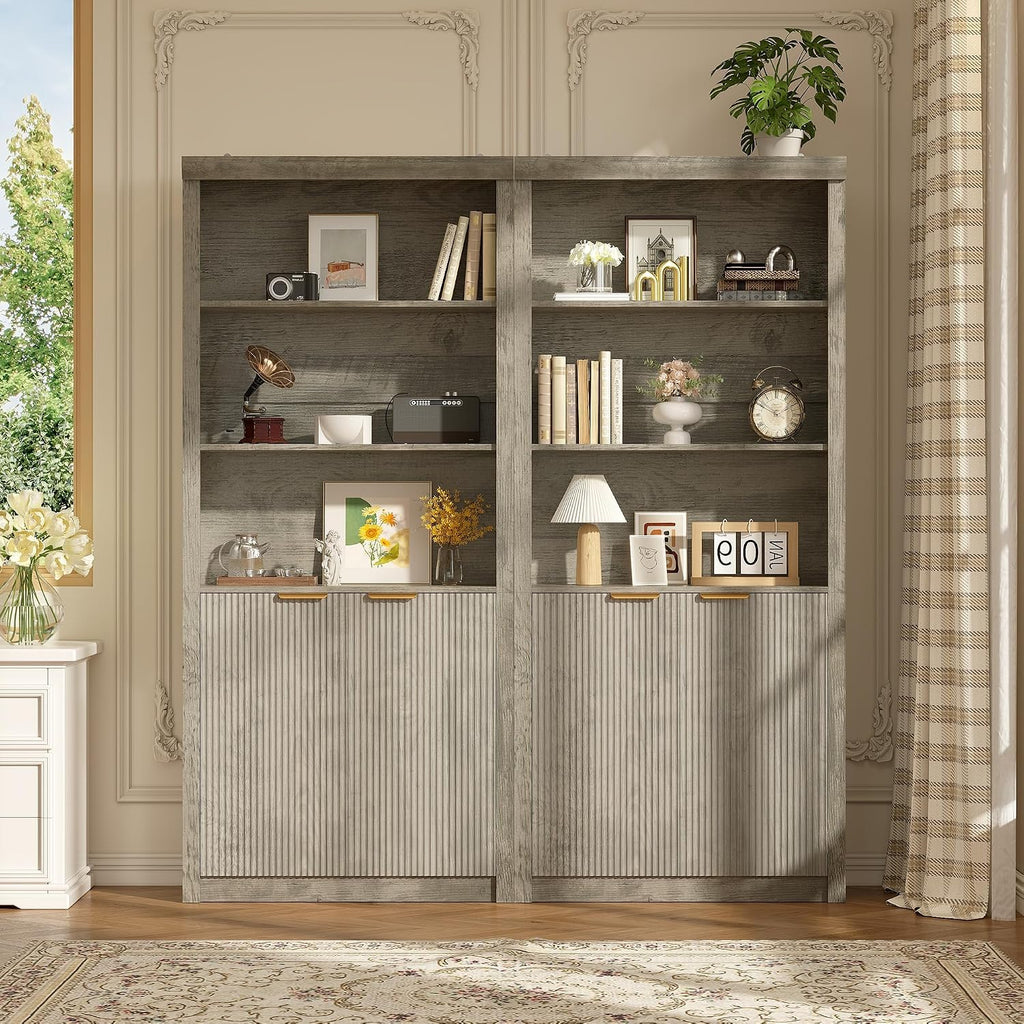 GarveeHome Tall Book Shelf and Bookcase, 31.5' Wide Wooden Bookcase with Doors, Farmhouse Book Case with Large Storage, 5-Shelf Bookcases with Adjustable top Shelve for Home Office, Living Room,Grey