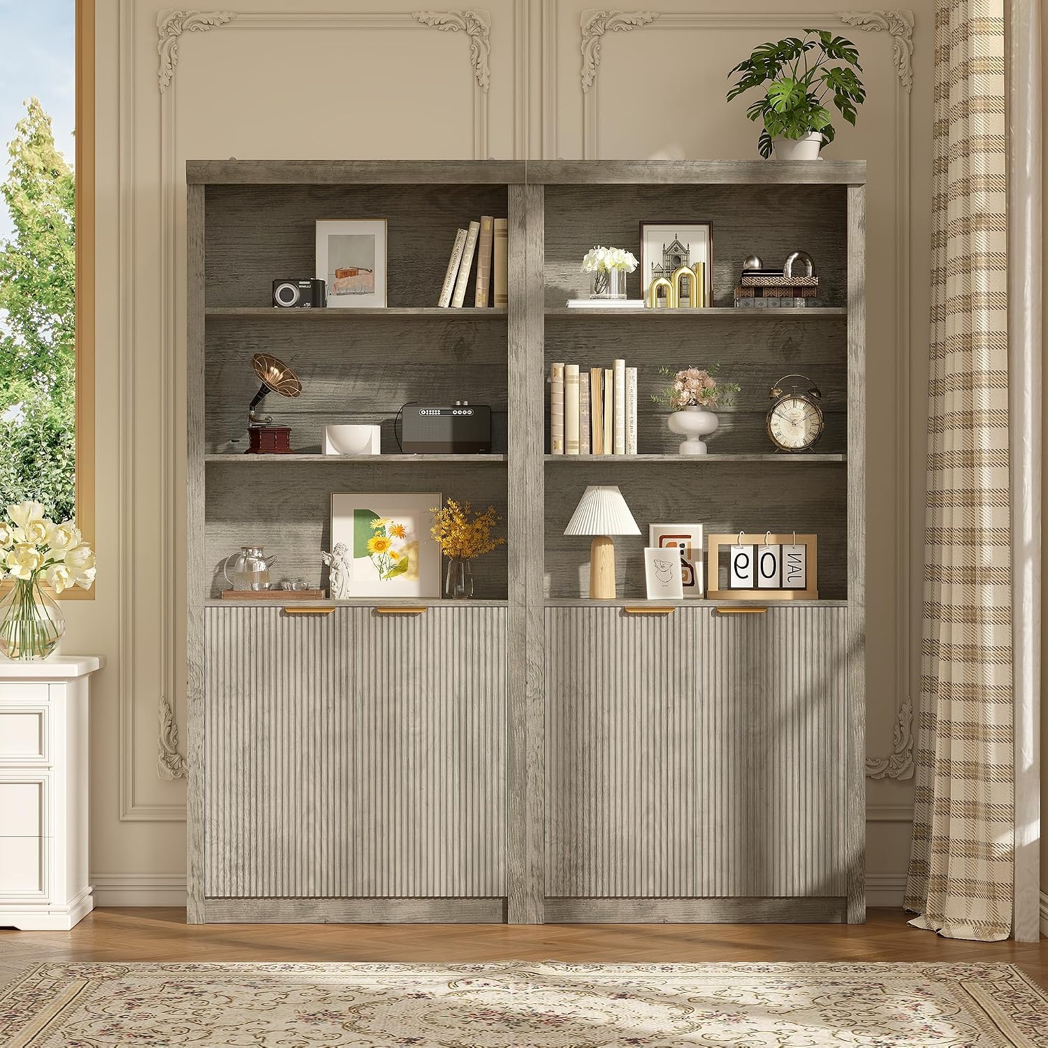 GarveeHome Tall Book Shelf and Bookcase, 31.5' Wide Wooden Bookcase with Doors, Farmhouse Book Case with Large Storage, 5-Shelf Bookcases with Adjustable top Shelve for Home Office, Living Room,Grey