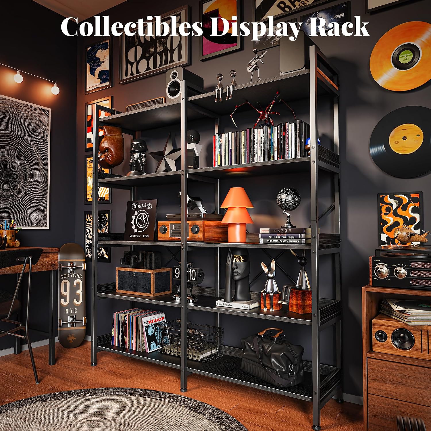 Huuger 5 Tier Bookshelf, Display Bookshelf with 10 Open Shelves and Raised Baffle, 47.2 Inch Straight Wide Bookcase with Metal Frame and Wooden Board, Adjustable Feet, Black