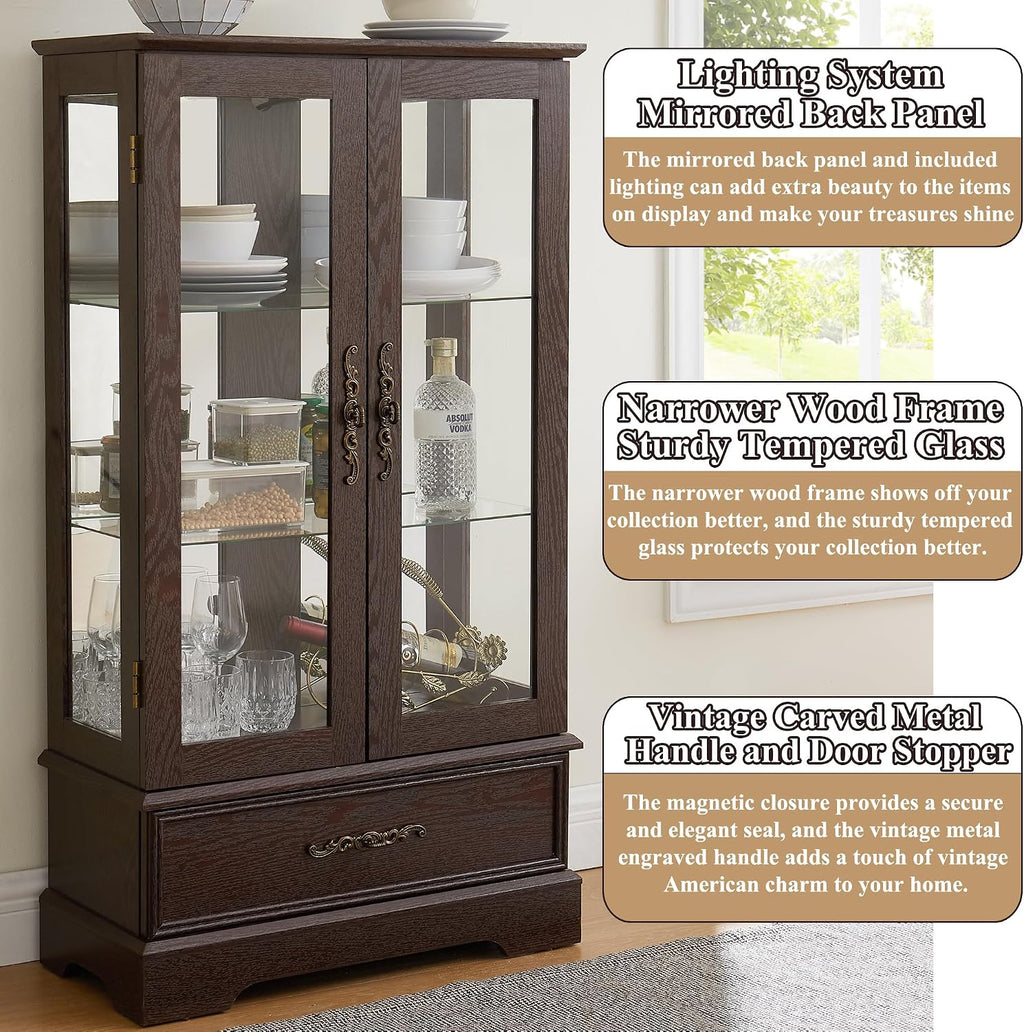 47' H Lighted Curio Cabinet Display Case, Glass Case with Adjustable Shelves,Tempered Glass Door and Drawer, Wooden Curio Cabinet with Mirrored Back Pane for Living Room (Dark Cherry)