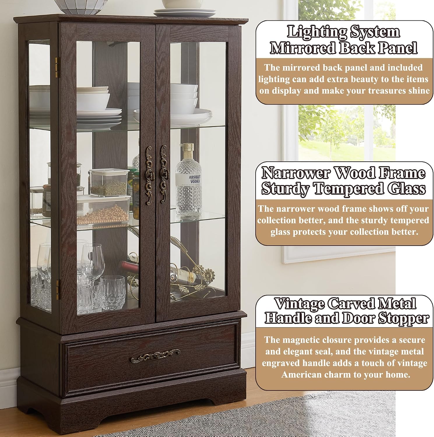 47' H Lighted Curio Cabinet Display Case, Glass Case with Adjustable Shelves,Tempered Glass Door and Drawer, Wooden Curio Cabinet with Mirrored Back Pane for Living Room (Dark Cherry)