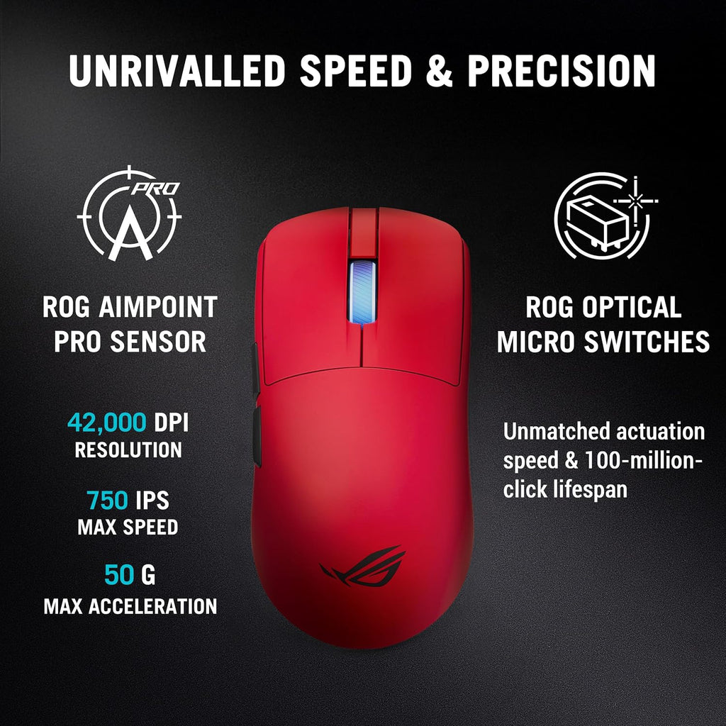 ASUS ROG Harpe II Ace Wireless Esports Gaming Mouse – Pro-Tested, Right-Handed, 48g Lightweight, Tri-Mode Connectivity, 42K DPI, 8K Polling, 101Hr Battery, Web-Based Tool, PC/Mac Support – Lava Red