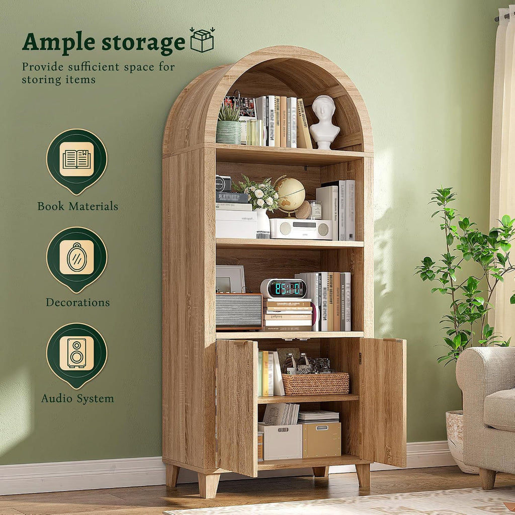 DurayLoly Book Shelf Arched Cabinet, 5-Tier Arched Bookcase with Doors and Adjustable Wood Shelves, Wooden Storage Cabinet with Open Display Shelf for Office,Living Room, Kitchen, Light Oak