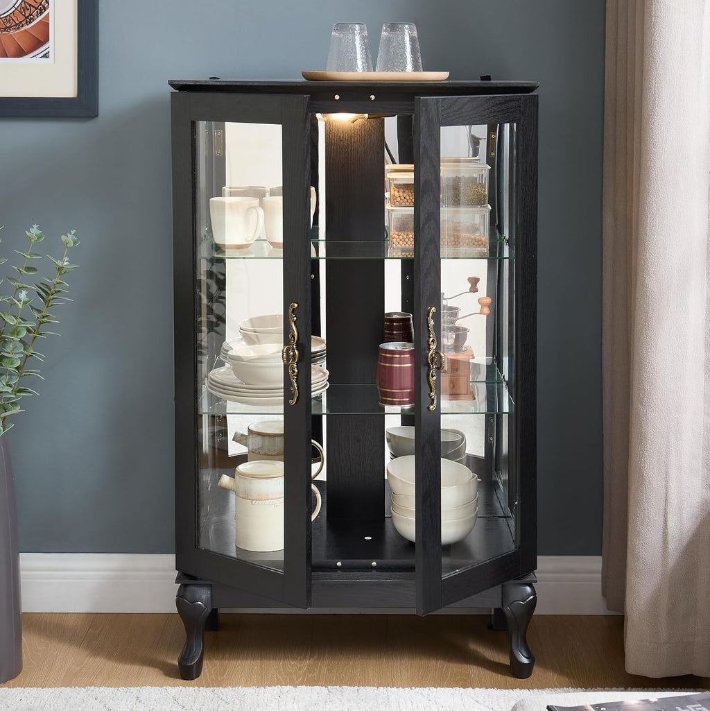 43' H Lighted Wooden Curio Cabinet, Freestanding Glass Display Case with Tempered Glass Door, Adjustable Shelves and Mirrored Back Panel, Decorative Storage Cabinet for Living Room (Black)