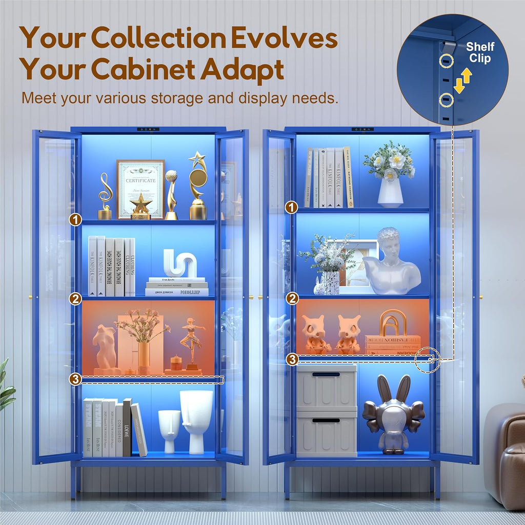 UNICOLY Display Cabinet with Glass Doors, Glass Display Cabinet with 8 Color LED Lights, Curio Display Cabinet with 3 Shelves for Living Room, Plant, Display Shelf, Assembly Required, Blue
