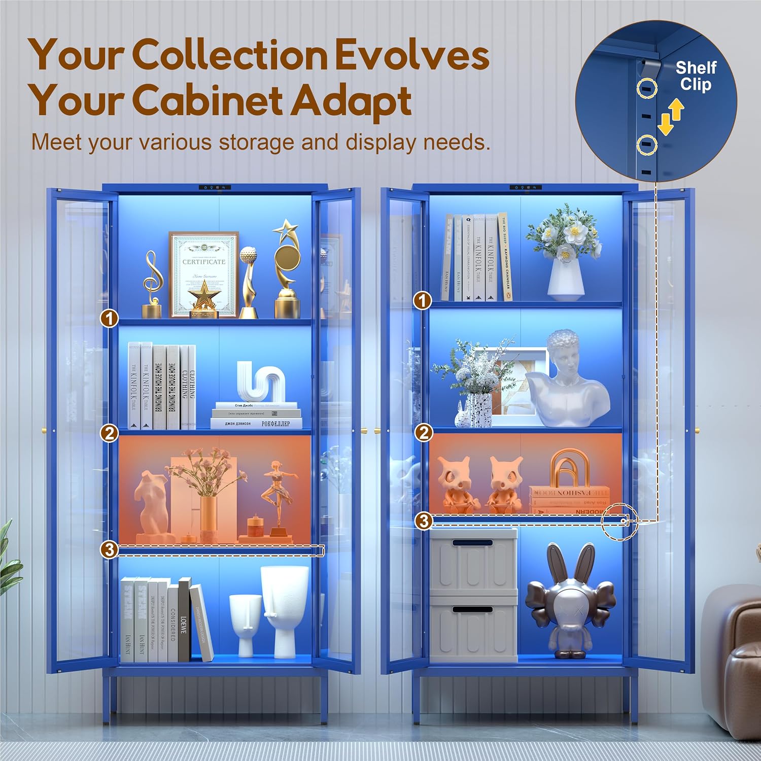 UNICOLY Display Cabinet with Glass Doors, Glass Display Cabinet with 8 Color LED Lights, Curio Display Cabinet with 3 Shelves for Living Room, Plant, Display Shelf, Assembly Required, Blue