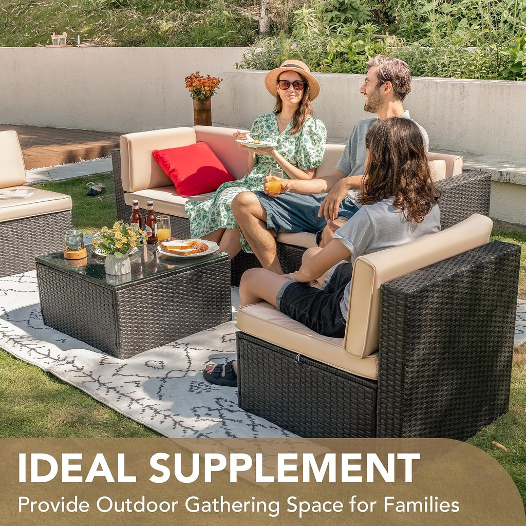 Devoko Patio Furniture Sets 6 Pieces Outdoor Sectional Rattan Sofa Manual Weaving Wicker Patio Conversation Set with Glass Table and Cushion (Beige)