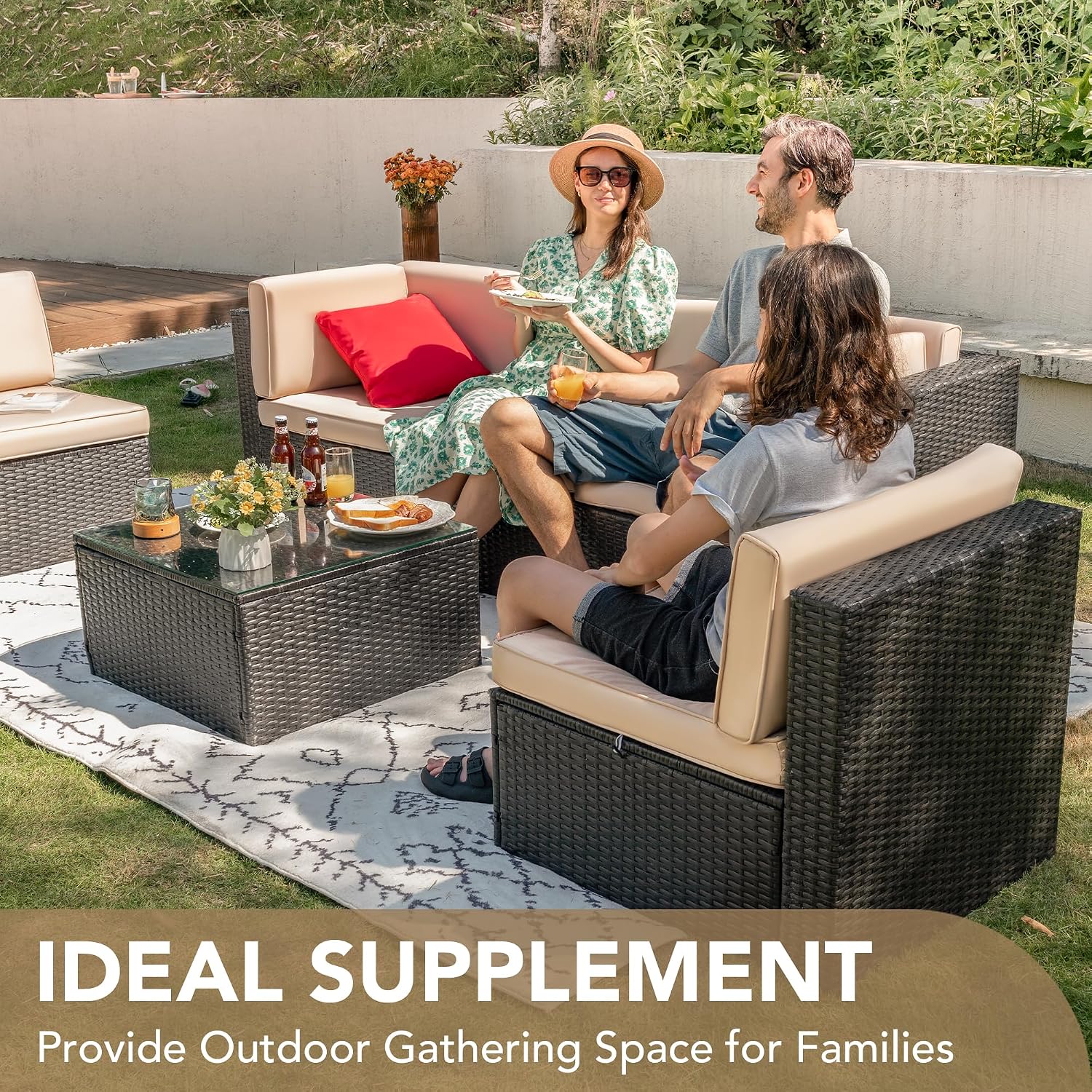 Devoko Patio Furniture Sets 6 Pieces Outdoor Sectional Rattan Sofa Manual Weaving Wicker Patio Conversation Set with Glass Table and Cushion (Beige)