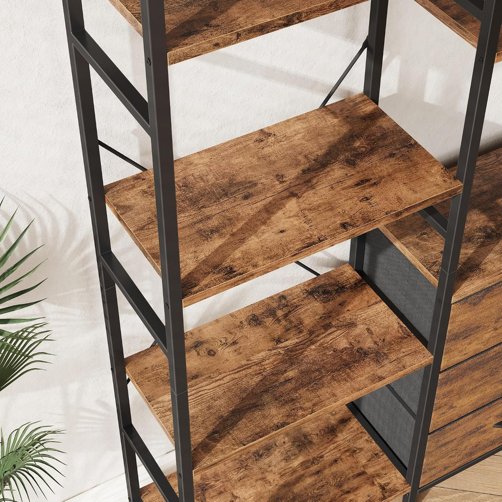 AFLUI Triple Bookshelf with 3 Fabric Drawers, 4-Tier Book Shelf and 10 Display Shelves, Industrial Large Bookcase for Home & Office, Rustic Brown, 59'' Wide