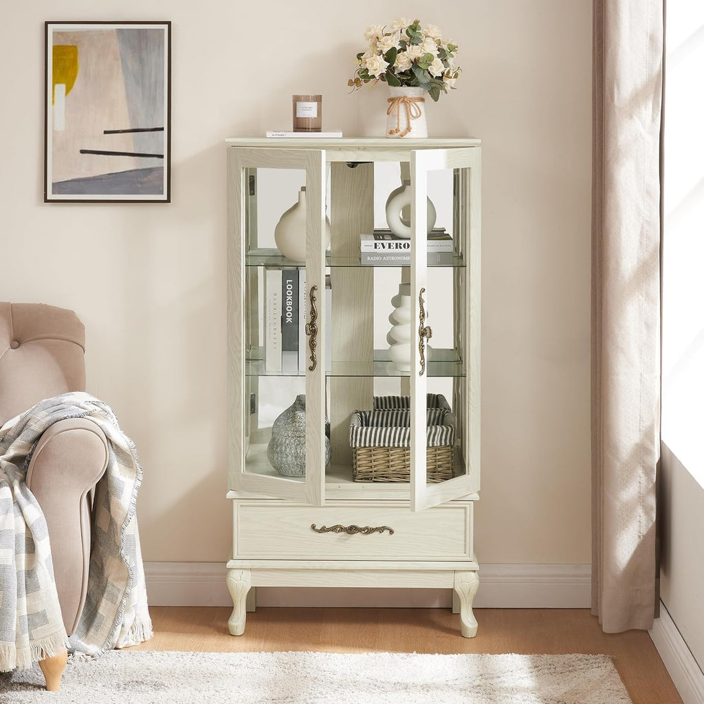 51'H Lighted Curio Display Cabinet with 2 Doors & 1 Drawer, Wooden Glass Curio Showcase w/ Adjustable Shelves & Mirrored Back Panel, Storage Cabinet Display Case for Living Room(Antique White)