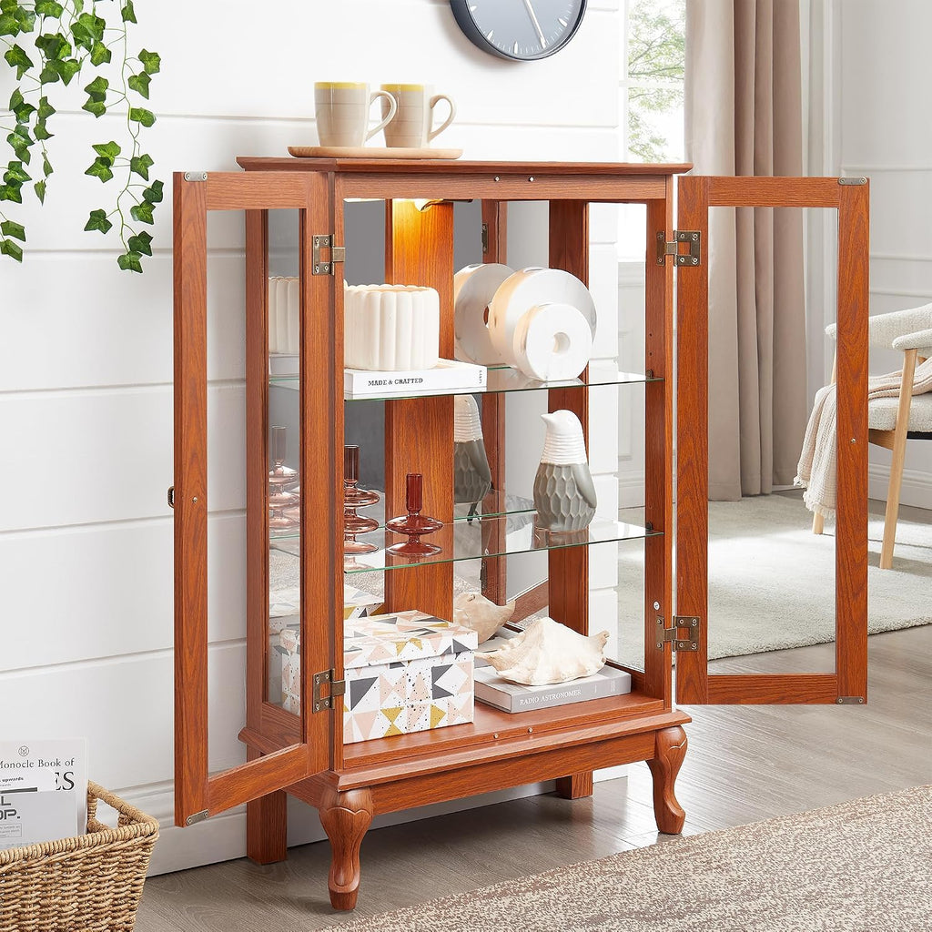 43' H Lighted Glass Curio Display Cabinet, 3-Tier Glass Accent Storage Cabinet Curio Showcase w/Adjustable Shelves,Wine Artwork Storage Rack w/Mirrored Back Panel for Living Room(Dark Oak)