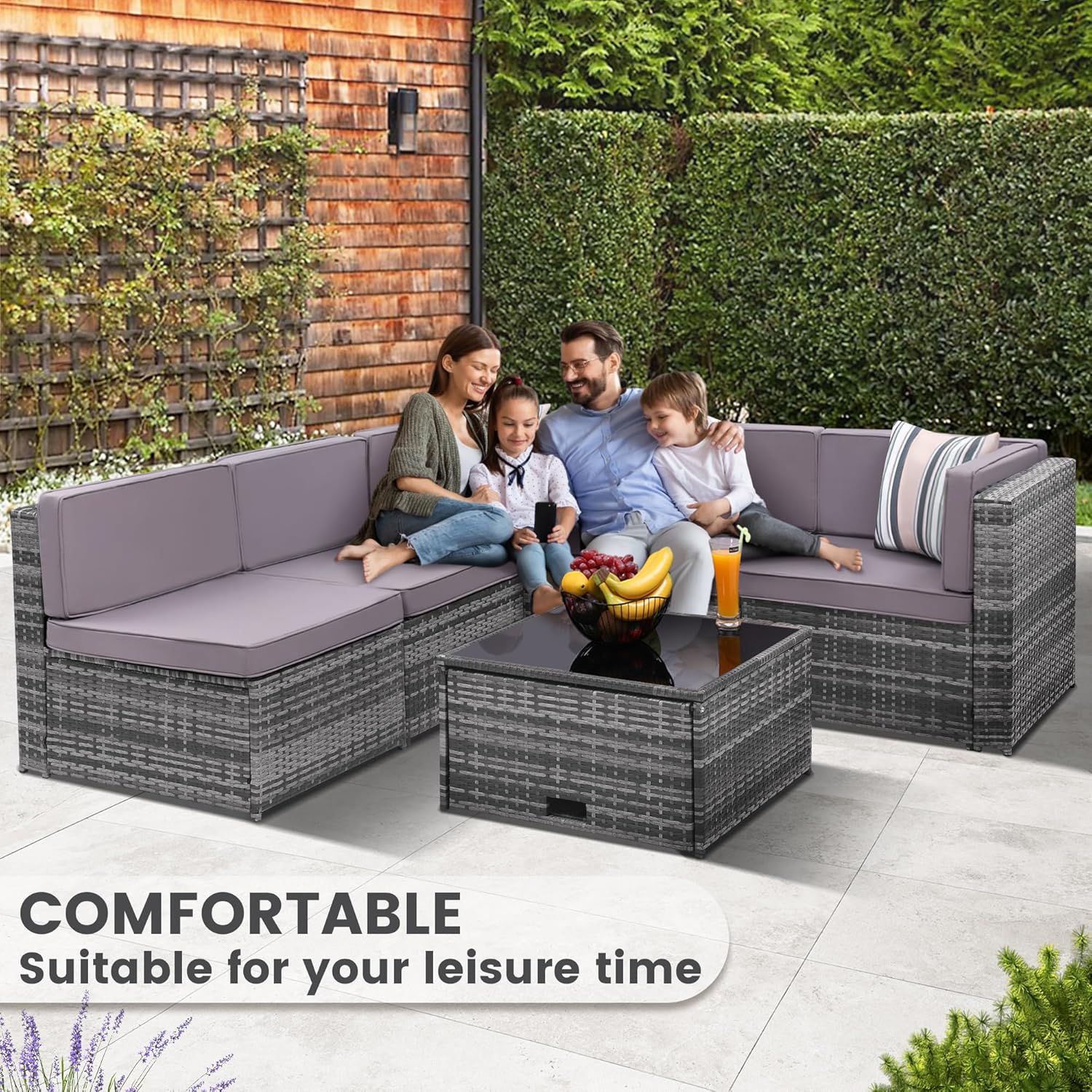 KROFEM 8-Piece Patio Furniture Set, Outdoor Wicker Rattan Sectional with Thick Cushions, Glass Top Table with Hidden Storage, Outdoor Conversation Set for Backyard, Porch, Patio, Grey