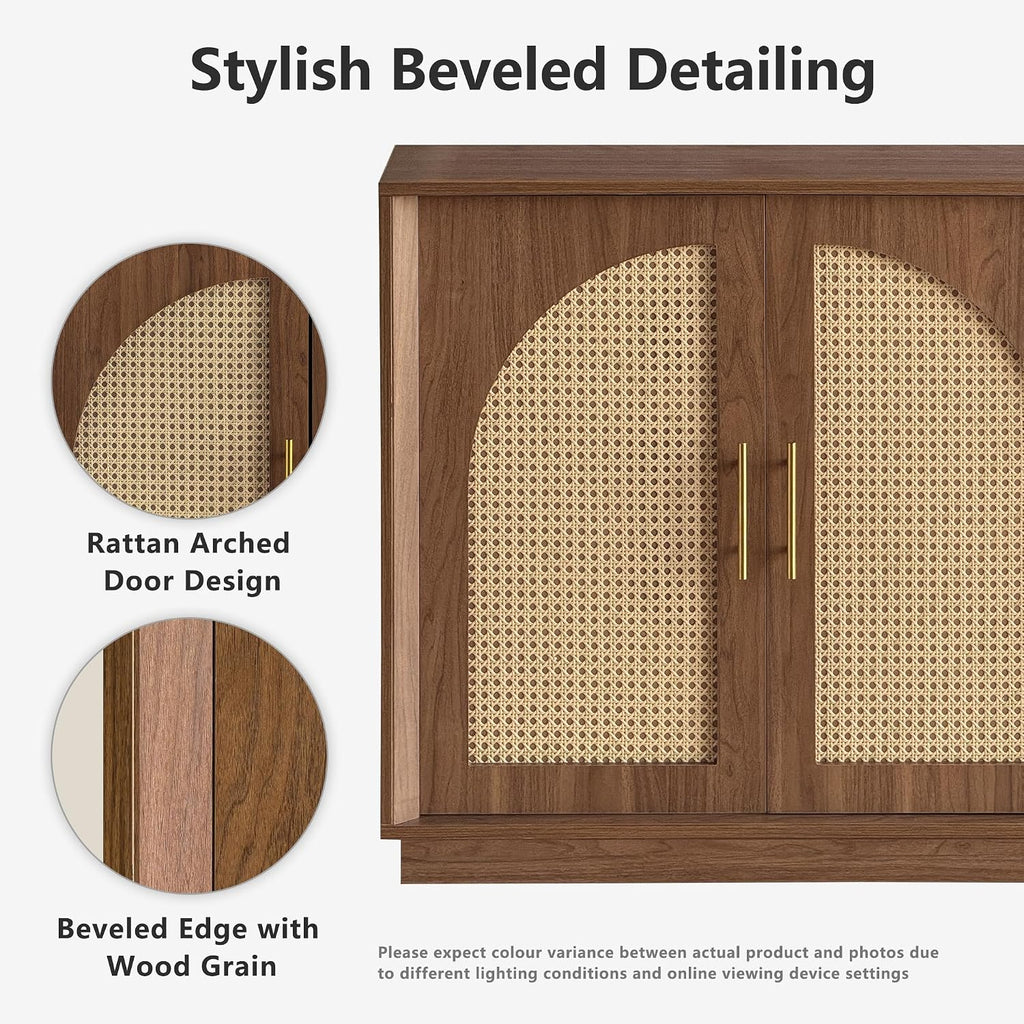 FORTUNETEC 63' Sideboard Buffet Cabinet with Storage, Modern Accent Cabinet with Rattan Arched Doors, Modular Media Console, Boho Credenza for Living Room Kitchen Dining Room Entryway, Walnut