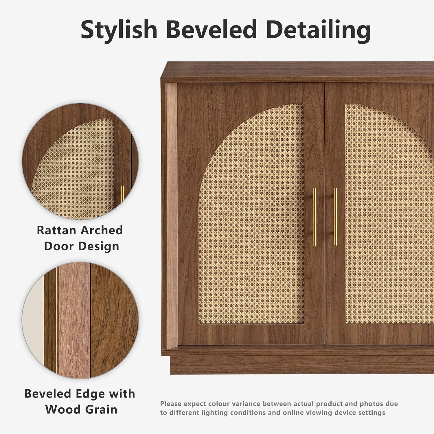 FORTUNETEC 63' Sideboard Buffet Cabinet with Storage, Modern Accent Cabinet with Rattan Arched Doors, Modular Media Console, Boho Credenza for Living Room Kitchen Dining Room Entryway, Walnut
