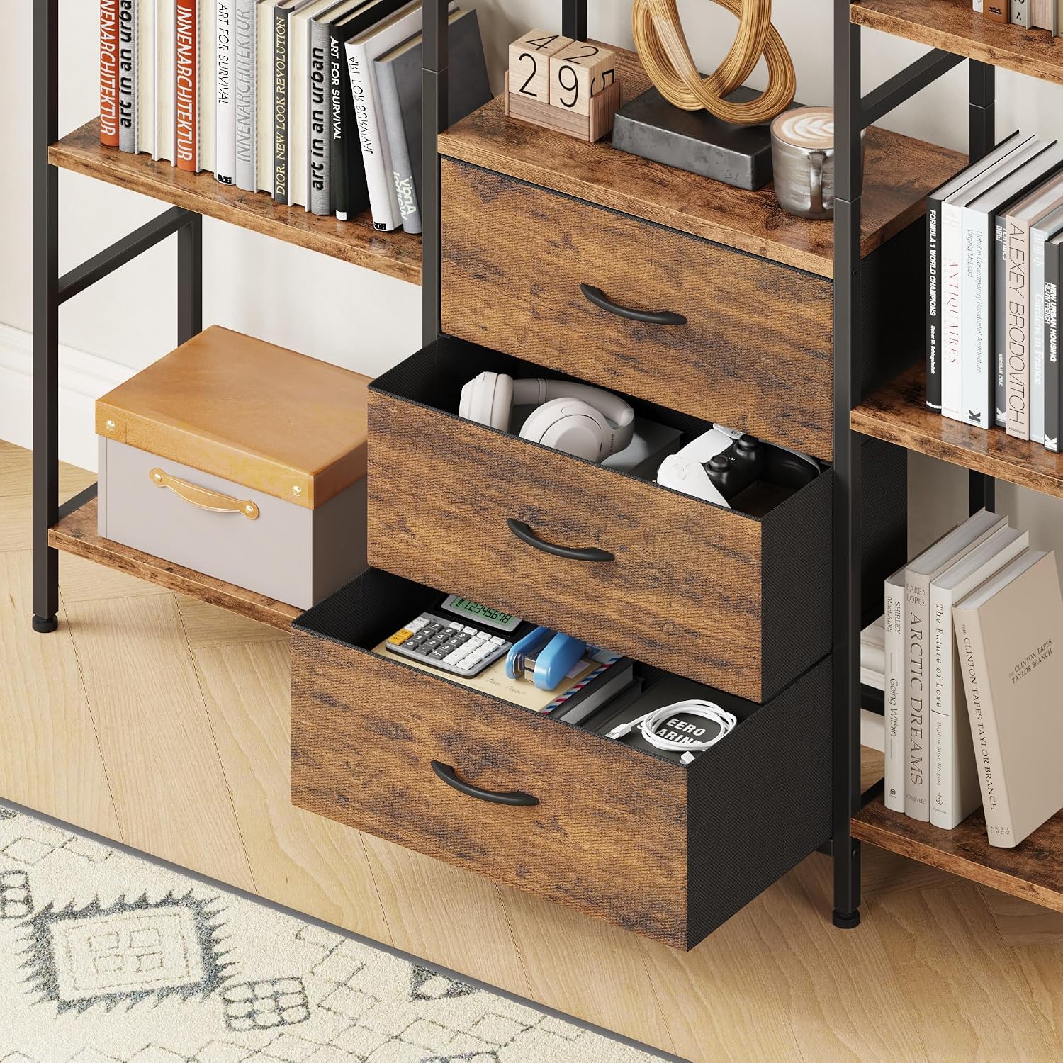 AFLUI Triple Bookshelf with 3 Fabric Drawers, 4-Tier Book Shelf and 10 Display Shelves, Industrial Large Bookcase for Home & Office, Rustic Brown, 59'' Wide
