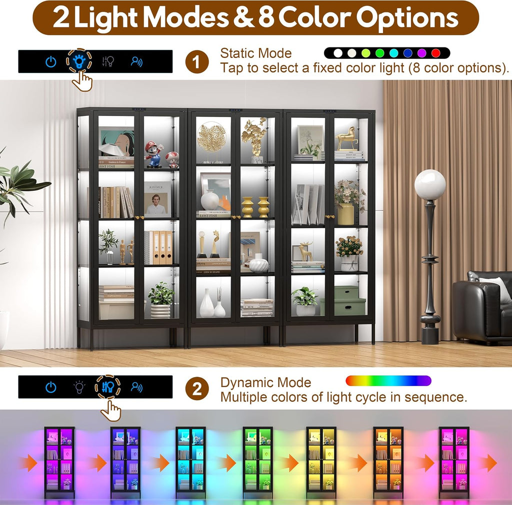 UNICOLY Display Cabinet with Glass Doors, Glass Display Cabinet with 8 Color LED Lights, Curio Display Cabinet with 3 Shelves for Living Room, Plant, Display Shelf, Assembly Required, Black