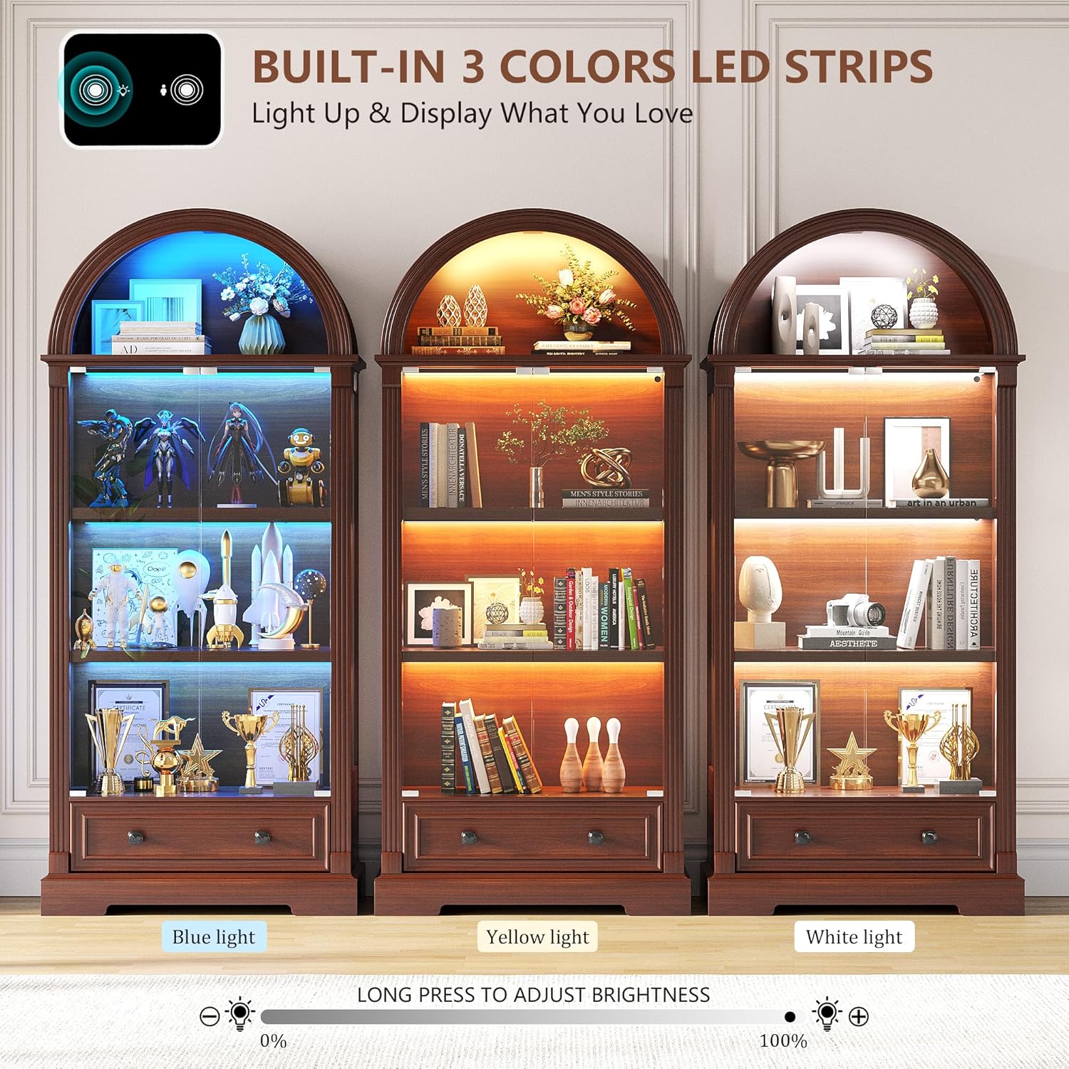 Dystler Curio Cabinet with Glass Doors, 72' Tall Arched Display Cabinet with Human Sensor Lights, 4-Tier Display Case for Collectibles Bookcase Living Room, Walnut
