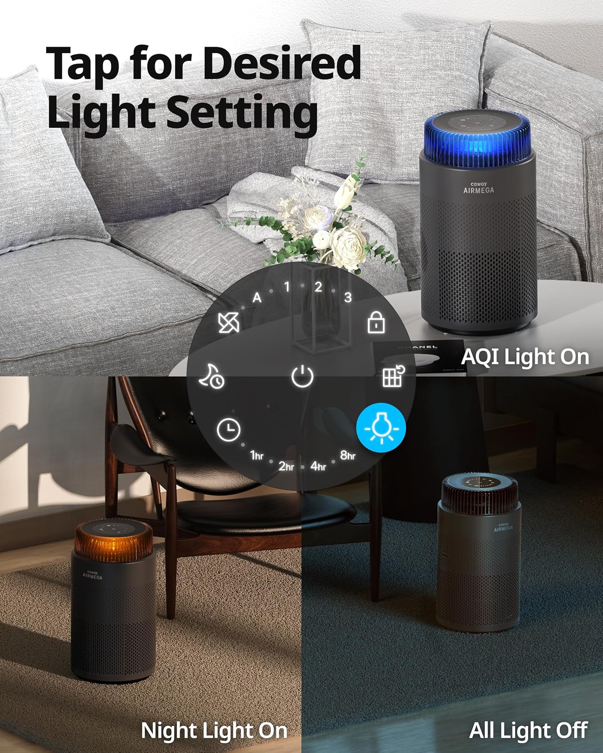 COWAY Air Purifiers for Bedroom Home up to 810 ft², HEPA Filter for Smoke, Allergies, Pet Dander, Odor, AQI Monitor, Auto&Sleep Mode, Timer, Filter Indicator, Night Light, 2yr Warranty, 100 Black