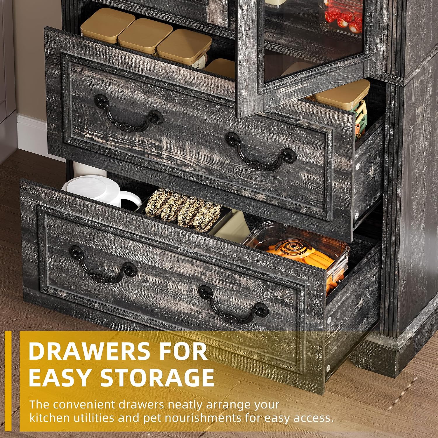 DWVO 76' Storage Cabinets, Freestanding Kitchen Pantry with Adjustable Shelves & Drawers, Farmhouse Glass Display Cabinets Tall Cupboard for Dining Room, Living Room, Dark Rustic