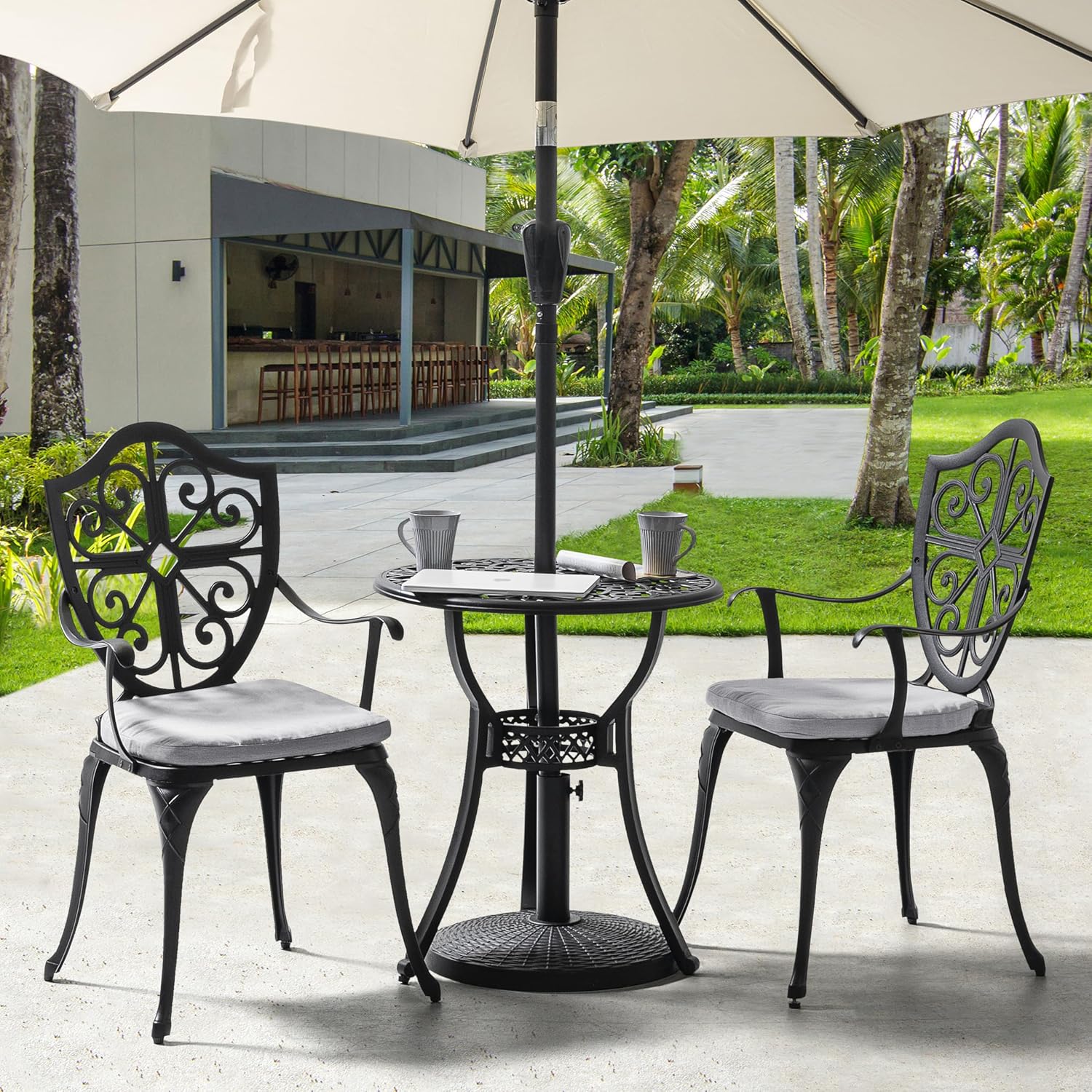 NUU GARDEN 3-Piece Outdoor Bistro Set, Cast Aluminum Patio Bistro Table and Chairs with Umbrella Hole and Grey Cushions, Bistro Set for Patio and Backyard, Black