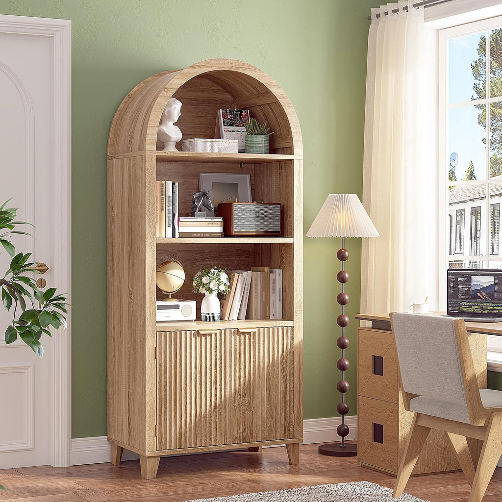 DurayLoly Book Shelf Arched Cabinet, 5-Tier Arched Bookcase with Doors and Adjustable Wood Shelves, Wooden Storage Cabinet with Open Display Shelf for Office,Living Room, Kitchen, Light Oak