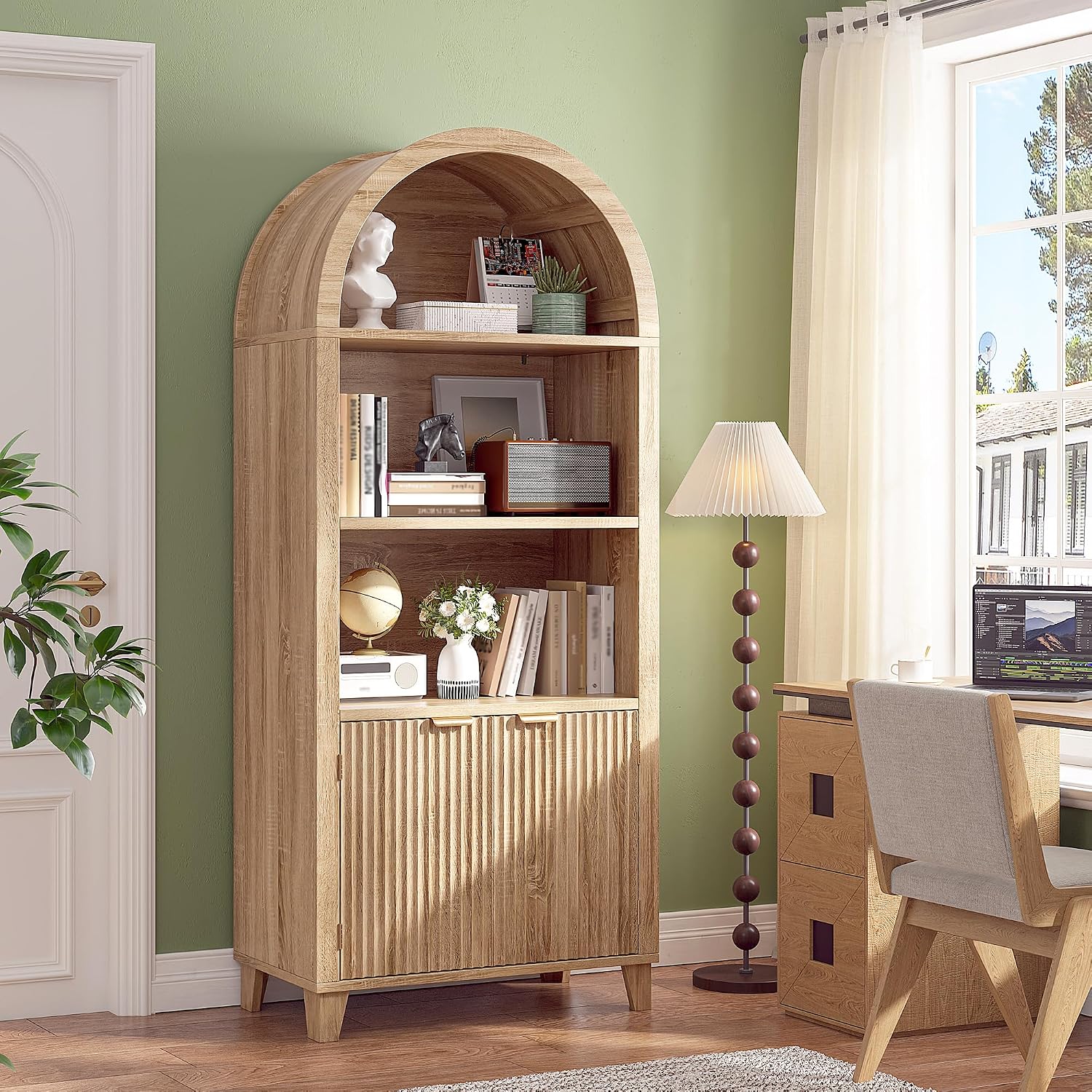 DurayLoly Book Shelf Arched Cabinet, 5-Tier Arched Bookcase with Doors and Adjustable Wood Shelves, Wooden Storage Cabinet with Open Display Shelf for Office,Living Room, Kitchen, Light Oak