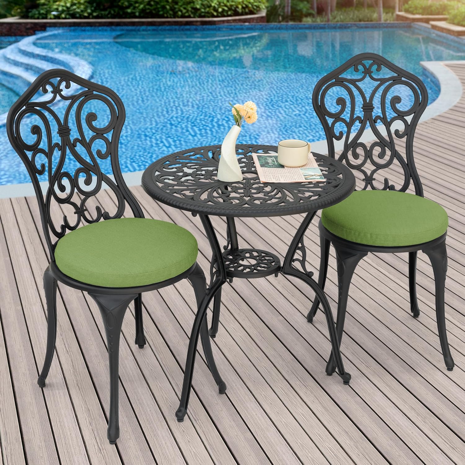 NUU GARDEN Patio 3-Piece Bistro Set with Cushions, Patio Chairs and Outdoor Round Table with Umbrella Hole, Cast Aluminum Patio Set for Lawn, Garden, Porch, Poolside, Black